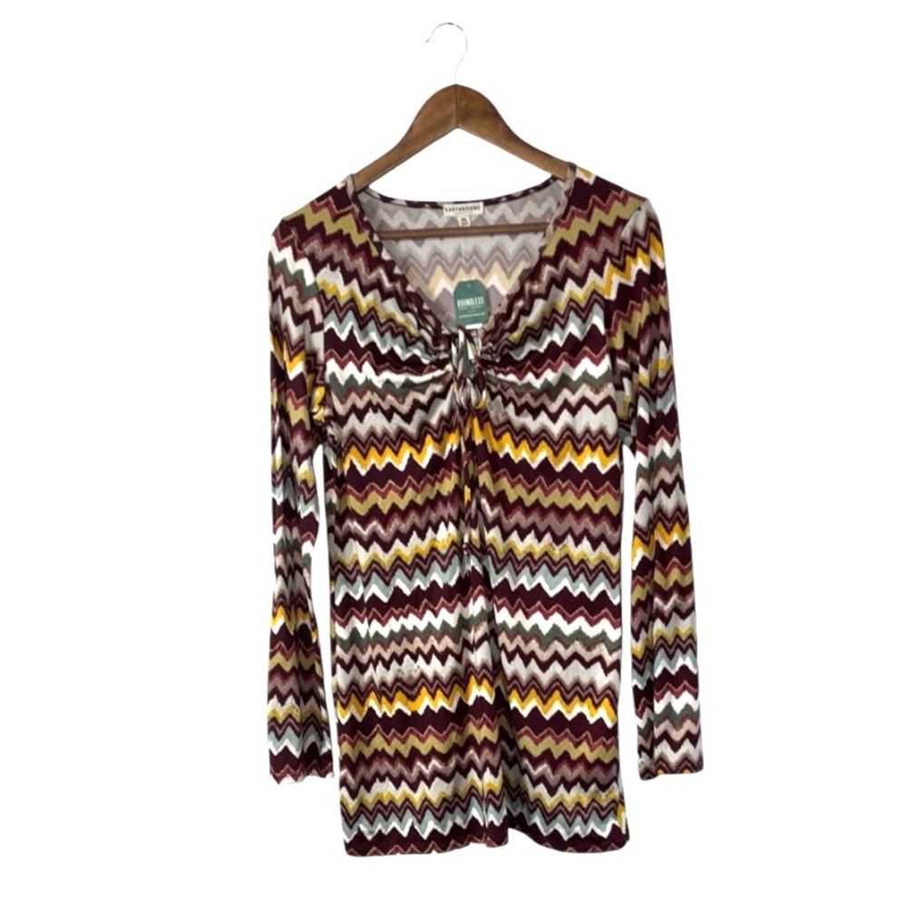 NEW Earthbound 70s Groovy Chevron Allover Print Long Sleeve Dress Peep Tie XL